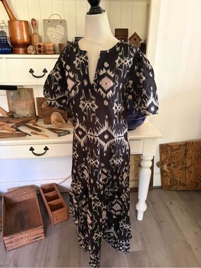NWOT MKT Studio Boho Black & Cream Ikat Midi Dress with Slip